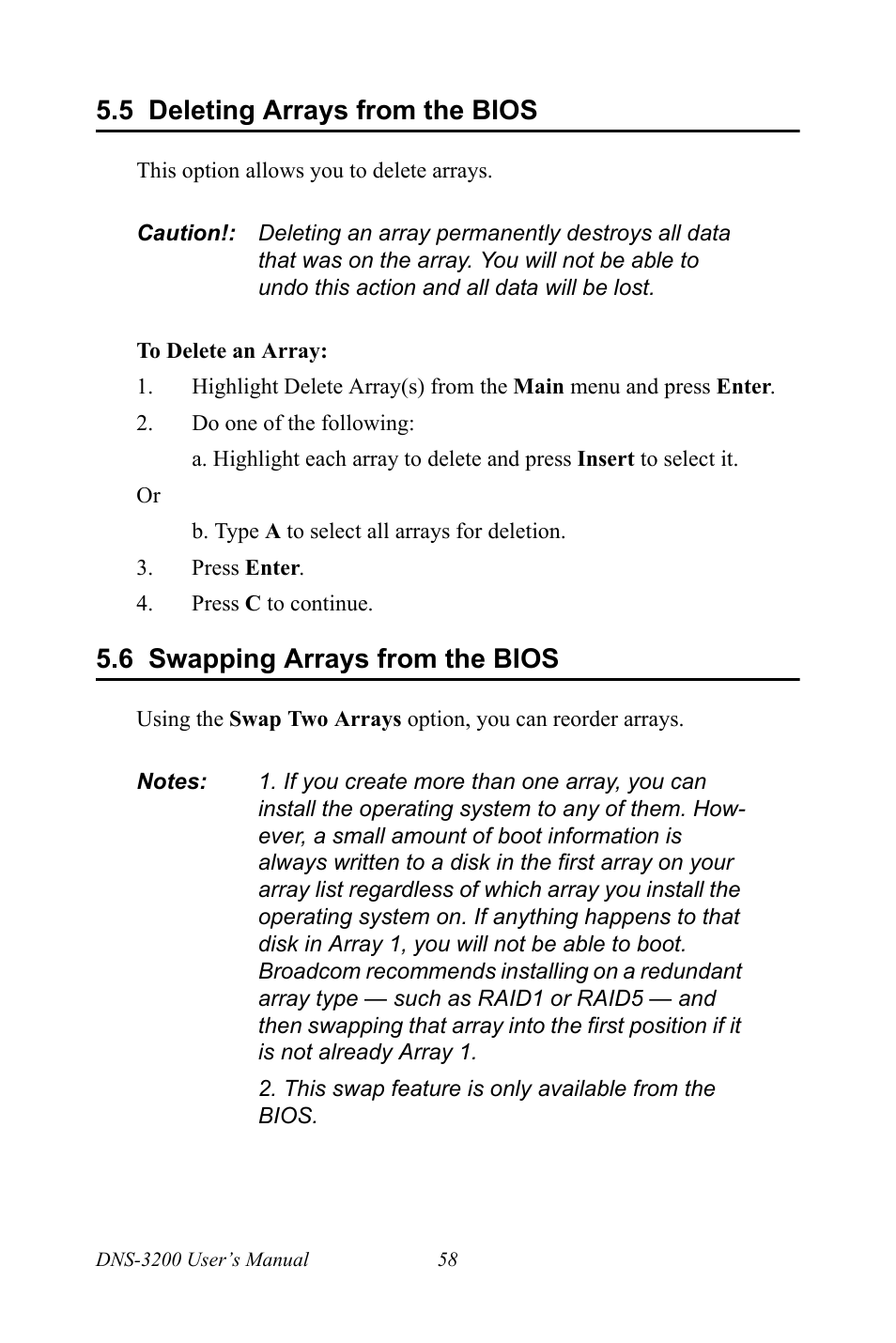 5 deleting arrays from the bios, 6 swapping arrays from the bios, Deleting arrays from the bios | Swapping arrays from the bios | Advantech DNS-3200 User Manual | Page 76 / 110
