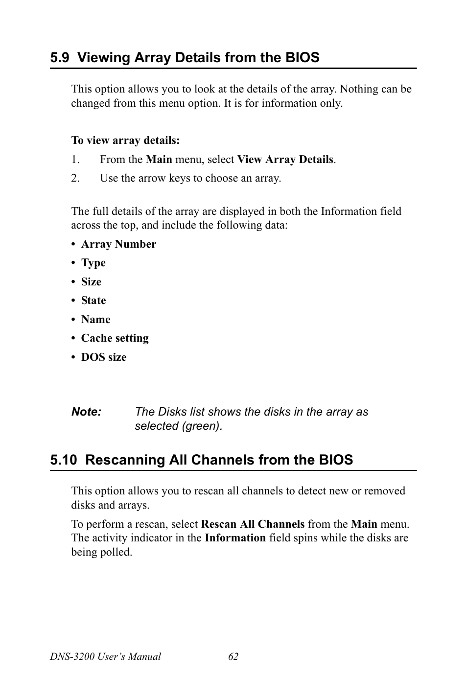 9 viewing array details from the bios, 10 rescanning all channels from the bios, Viewing array details from the bios | Rescanning all channels from the bios | Advantech DNS-3200 User Manual | Page 80 / 110