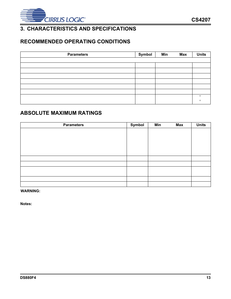 Characteristics and specifications, Recommended operating conditions, Absolute maximum ratings | Cirrus Logic CS4207 User Manual | Page 13 / 148