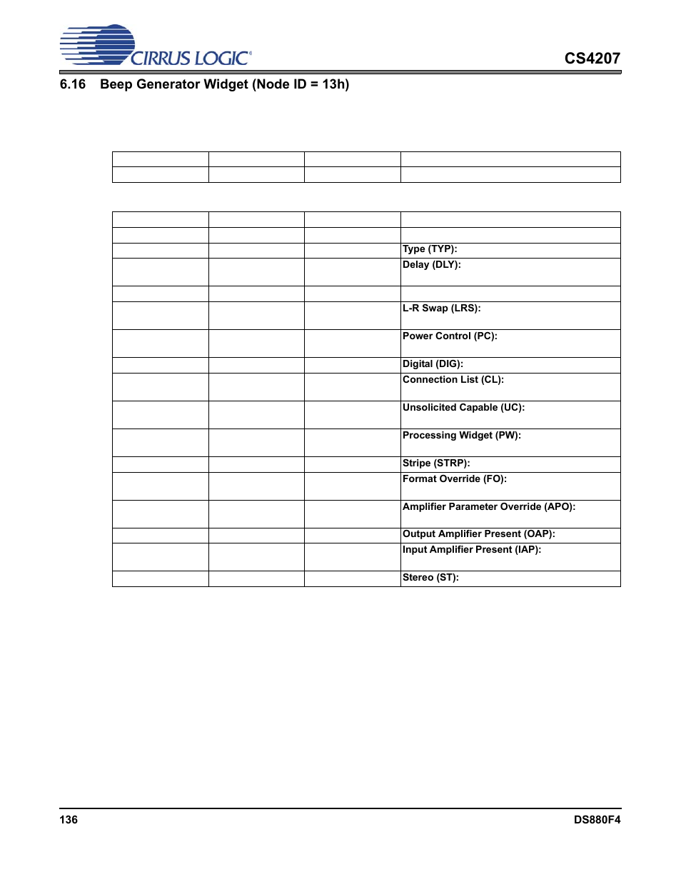 16 beep generator widget (node id = 13h), 1 audio widget capabilities, Cs4207 | Cirrus Logic CS4207 User Manual | Page 136 / 148
