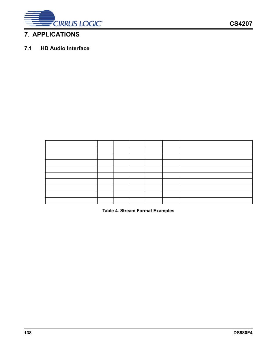 Applications, 1 hd audio interface, 1 multi-channel streams | Table 4. stream format examples, 1 hd audio interface 7.1.1 multi-channel streams | Cirrus Logic CS4207 User Manual | Page 138 / 148