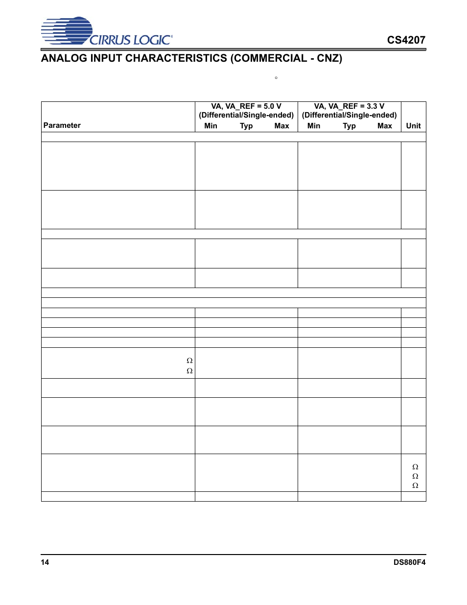 Analog input characteristics (commercial - cnz) | Cirrus Logic CS4207 User Manual | Page 14 / 148