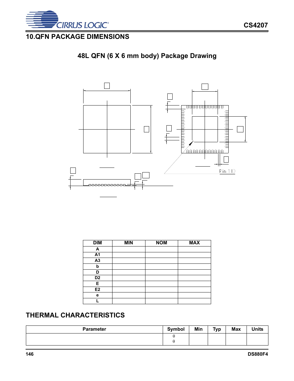 Qfn package dimensions, Thermal characteristics, 48l qfn (6 x 6 mm body) package drawing | Cirrus Logic CS4207 User Manual | Page 146 / 148