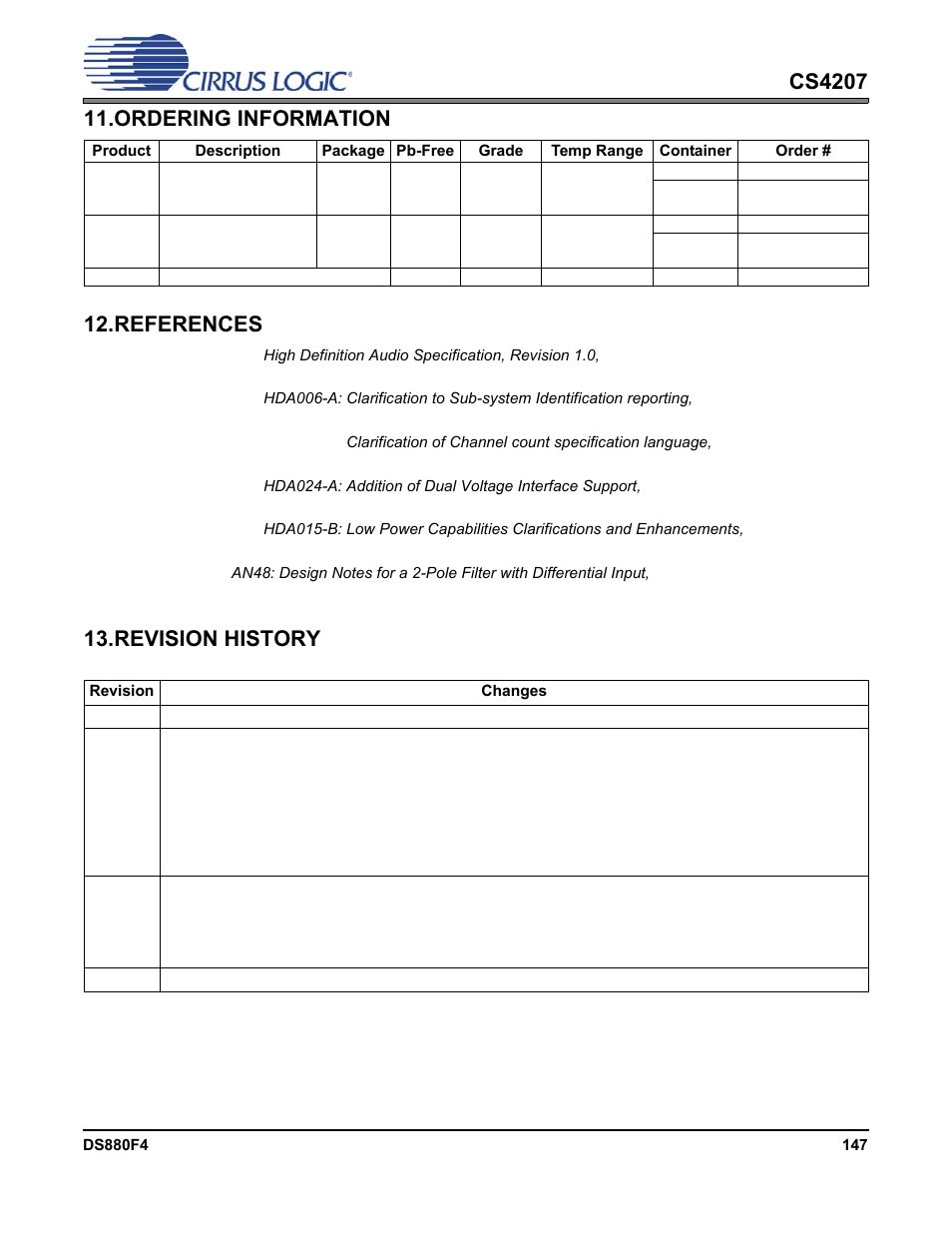 Ordering information, References, Revision history | Note 4 | Cirrus Logic CS4207 User Manual | Page 147 / 148