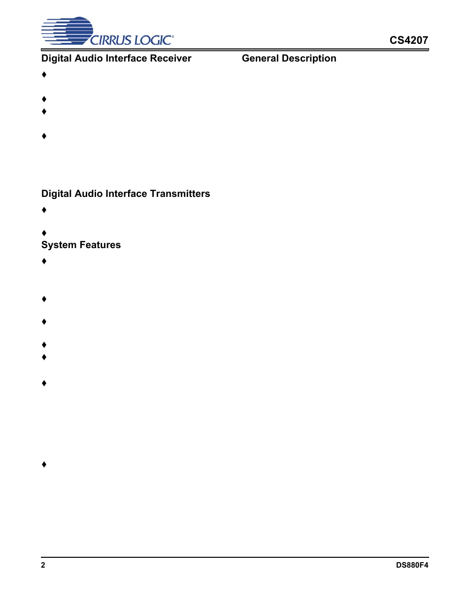 Cs4207, Digital audio interface receiver, Digital audio interface transmitters | System features, General description | Cirrus Logic CS4207 User Manual | Page 2 / 148