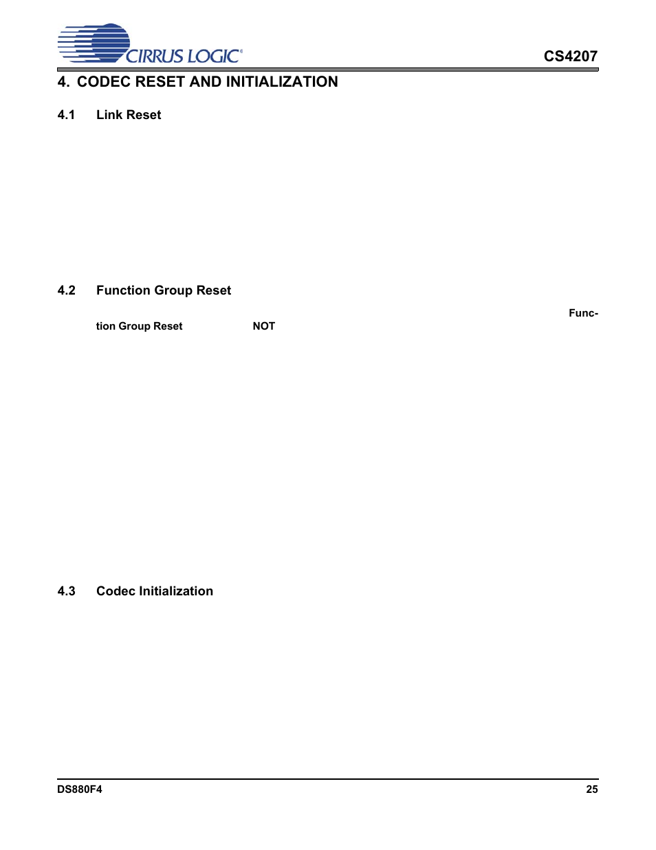 Codec reset and initialization, 1 link reset, 2 function group reset | 3 codec initialization | Cirrus Logic CS4207 User Manual | Page 25 / 148