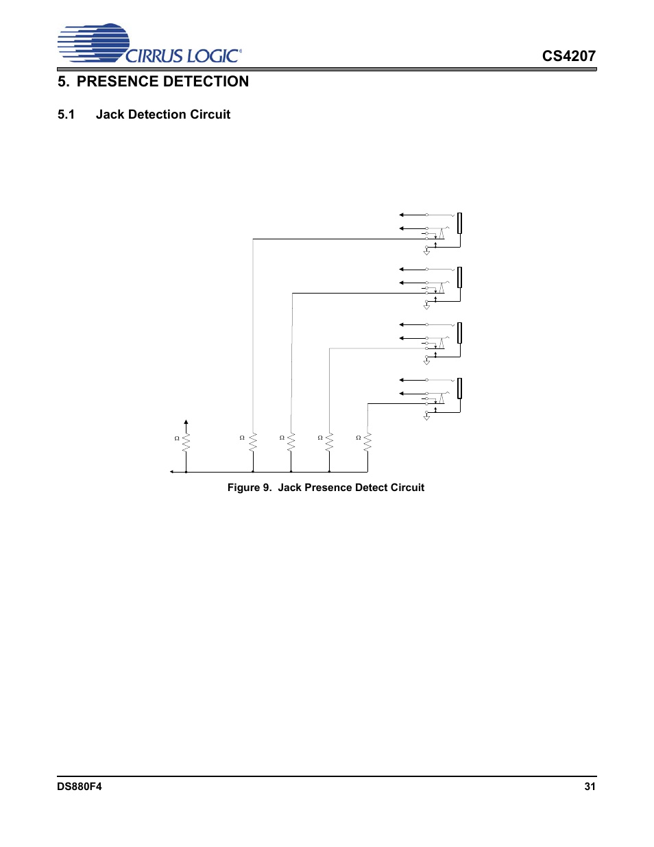 Presence detection, 1 jack detection circuit, 1 presence detection and unsolicited response | Figure 9.jack presence detect circuit, Figure 9. jack presence detect circuit | Cirrus Logic CS4207 User Manual | Page 31 / 148