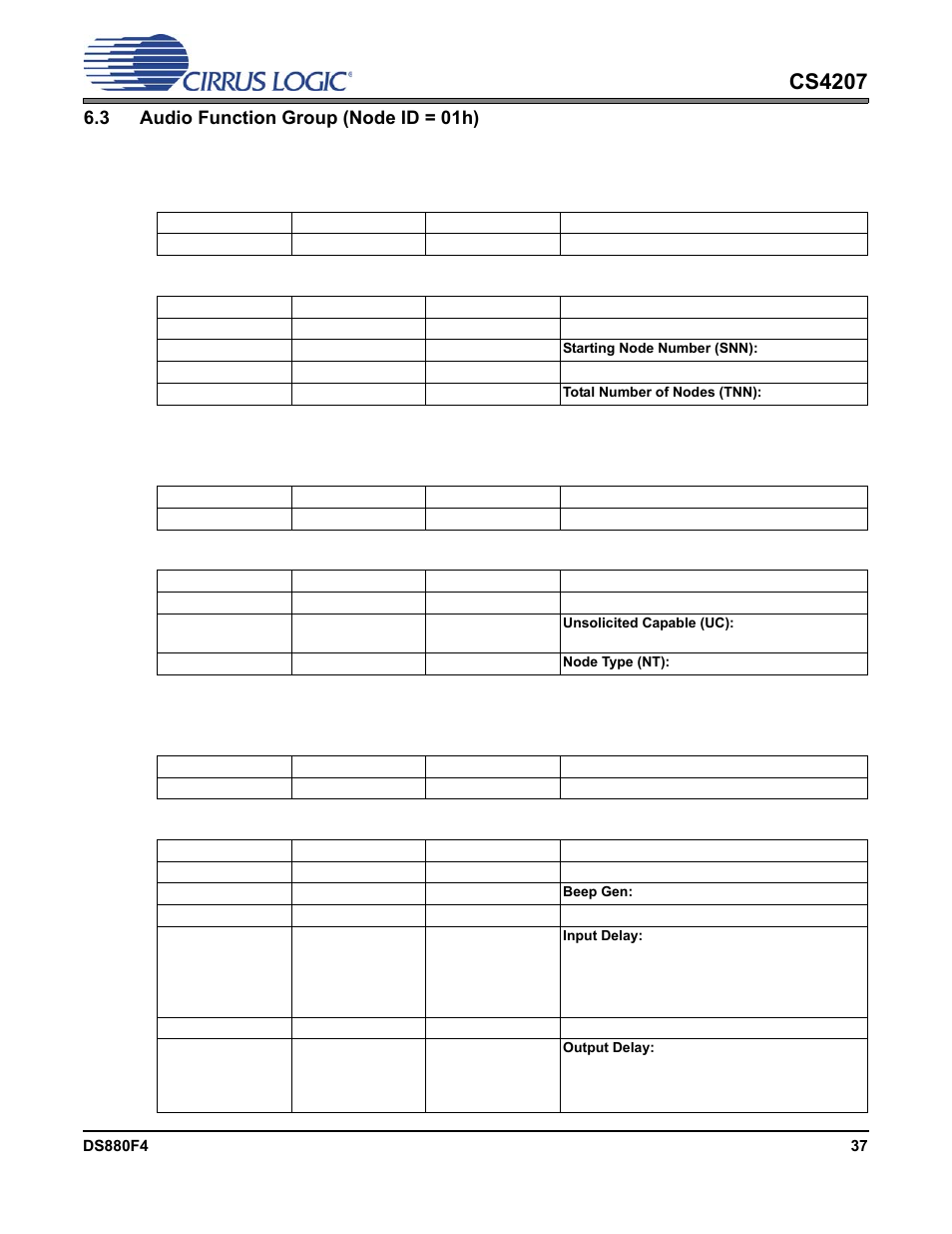 3 audio function group (node id = 01h), 1 subordinate node count, 2 function group type | 3 audio function group capabilities, Cs4207 | Cirrus Logic CS4207 User Manual | Page 37 / 148