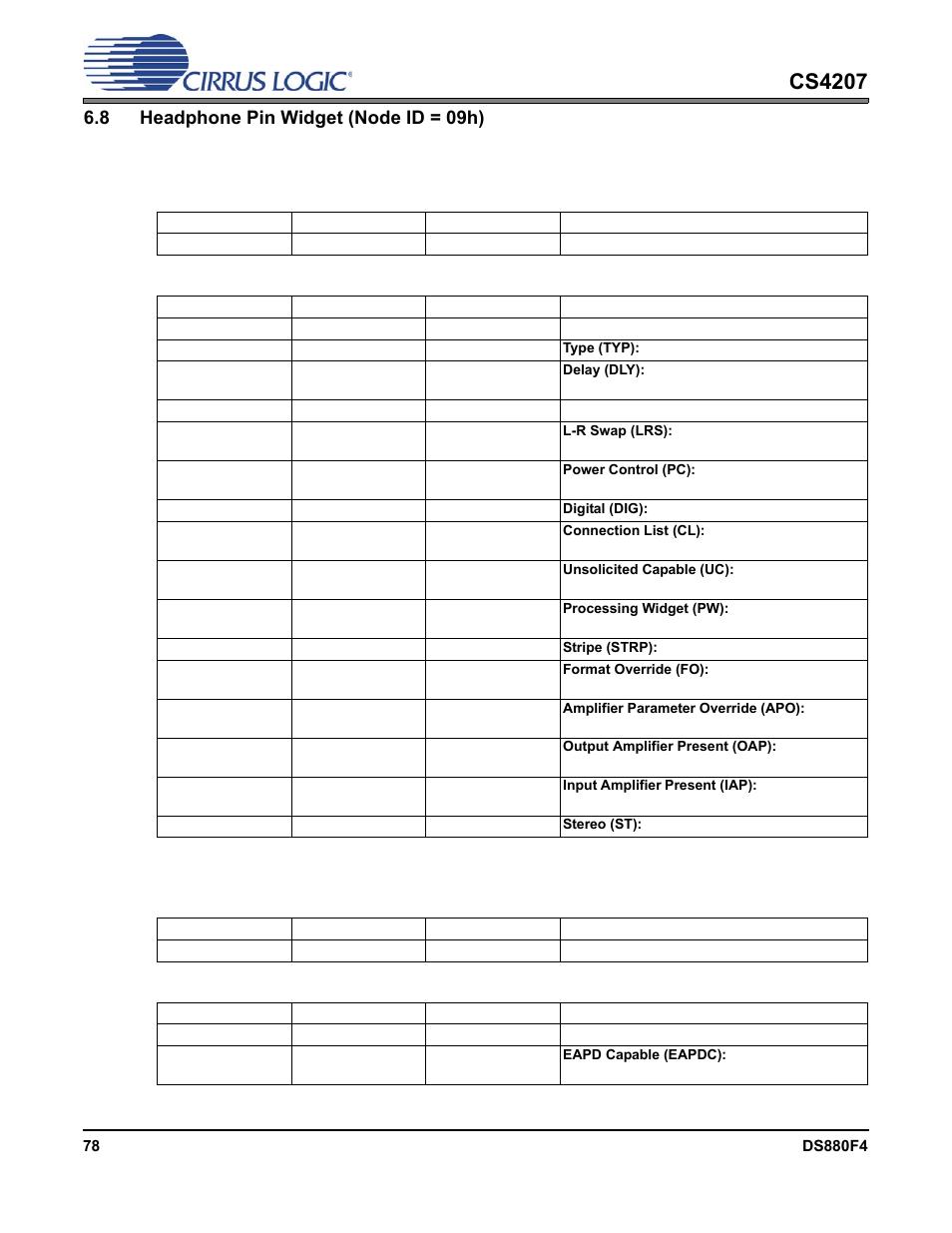 8 headphone pin widget (node id = 09h), 1 audio widget capabilities, 2 pin capabilities | 1 audio widget capabilities 6.8.2 pin capabilities, Cs4207 | Cirrus Logic CS4207 User Manual | Page 78 / 148
