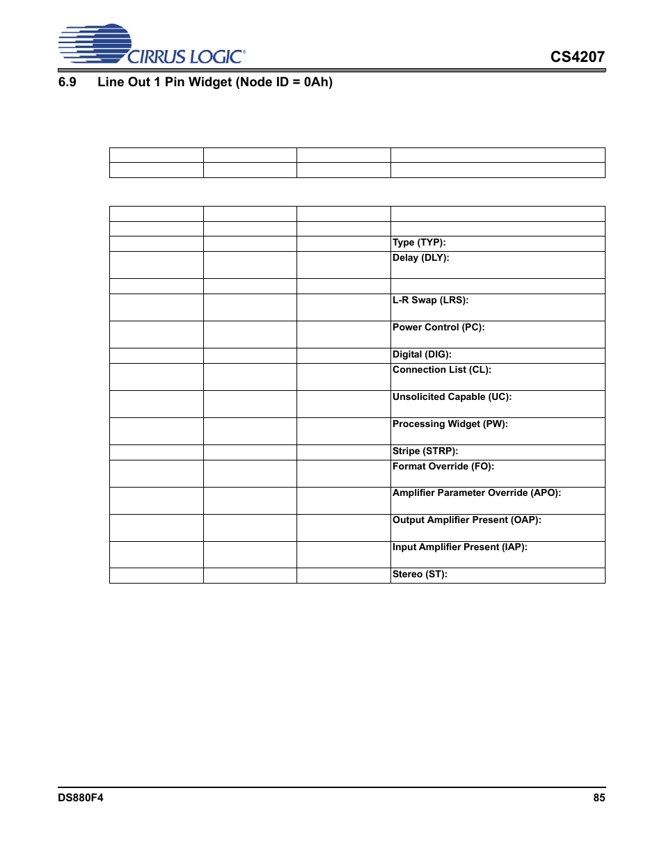 9 line out 1 pin widget (node id = 0ah), 1 audio widget capabilities, Cs4207 | Cirrus Logic CS4207 User Manual | Page 85 / 148