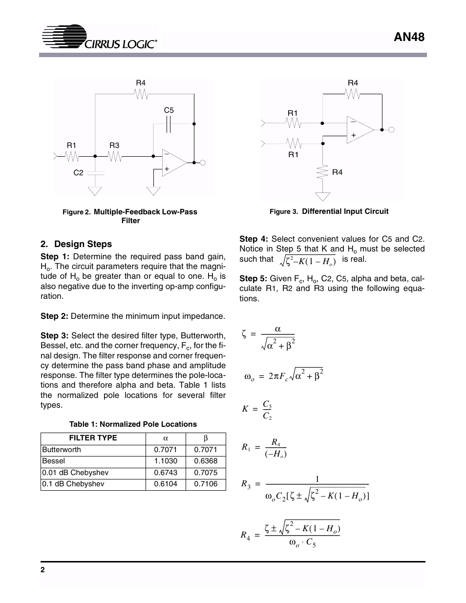 Figure 2. multiple-feedback low-pass filter, Design steps, Figure 3. differential input circuit | An48 | Cirrus Logic AN048 User Manual | Page 2 / 6