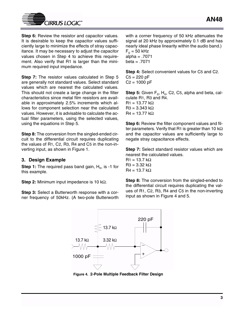 Design example, Figure 4. 2-pole multiple feedback filter design, An48 | Cirrus Logic AN048 User Manual | Page 3 / 6