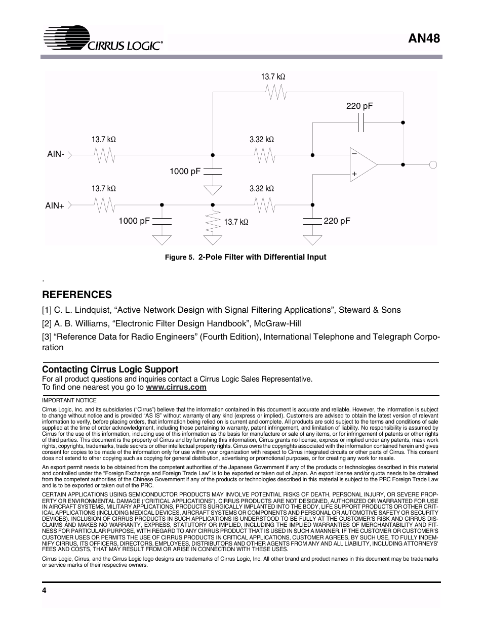 Figure 5. 2-pole filter with differential input, References, An48 | Cirrus Logic AN048 User Manual | Page 4 / 6