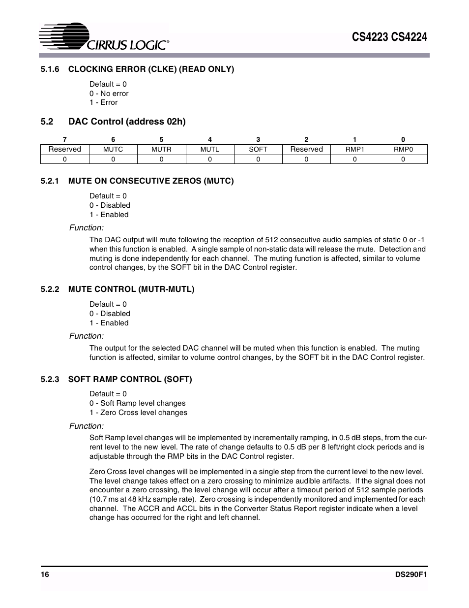 6 clocking error (clke) (read only), 1 mute on consecutive zeros (mutc), 2 mute control (mutr-mutl) | 3 soft ramp control (soft) | Cirrus Logic CS4224 User Manual | Page 16 / 34