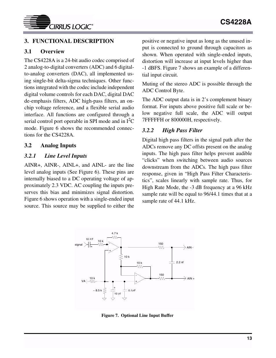 Functional description, 1 overview, 2 analog inputs | 1 line level inputs, Figure 7. optional line input buffer, 2 high pass filter, 1 overview 3.2 analog inputs, 1 line level inputs 3.2.2 high pass filter, Cs4228a, Functional description 3.1 overview | Cirrus Logic CS4228A User Manual | Page 13 / 32