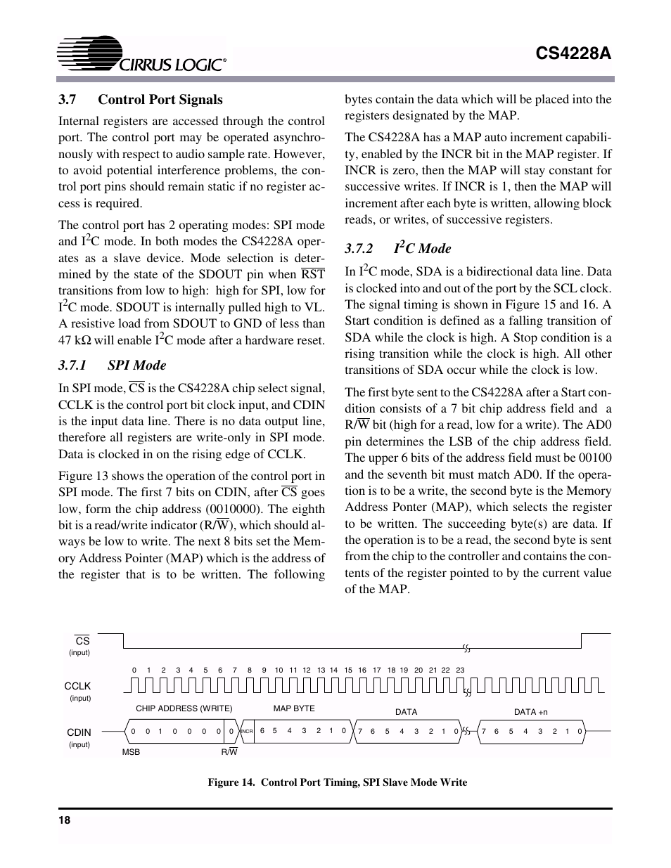 7 control port signals, 1 spi mode, 2 i2c mode | 1 spi mode 3.7.2 i2c mode, Cs4228a, C mode, Will enable i, C mode after a hardware reset | Cirrus Logic CS4228A User Manual | Page 18 / 32