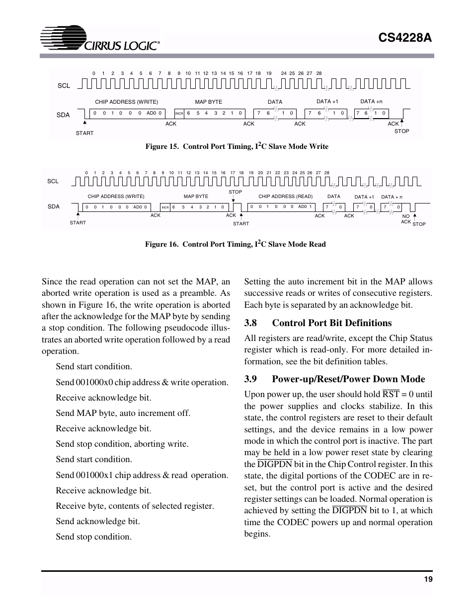 8 control port bit definitions, 9 power-up/reset/power down mode, Cs4228a | Figure 15. control port timing, i, C slave mode write, Figure 16. control port timing, i, C slave mode read | Cirrus Logic CS4228A User Manual | Page 19 / 32