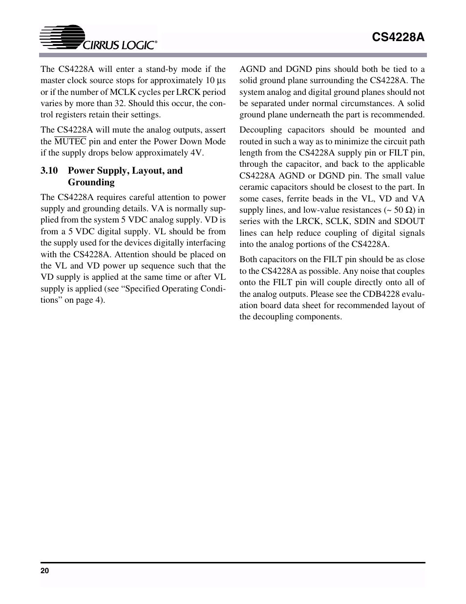 10 power supply, layout, and grounding, Cs4228a | Cirrus Logic CS4228A User Manual | Page 20 / 32