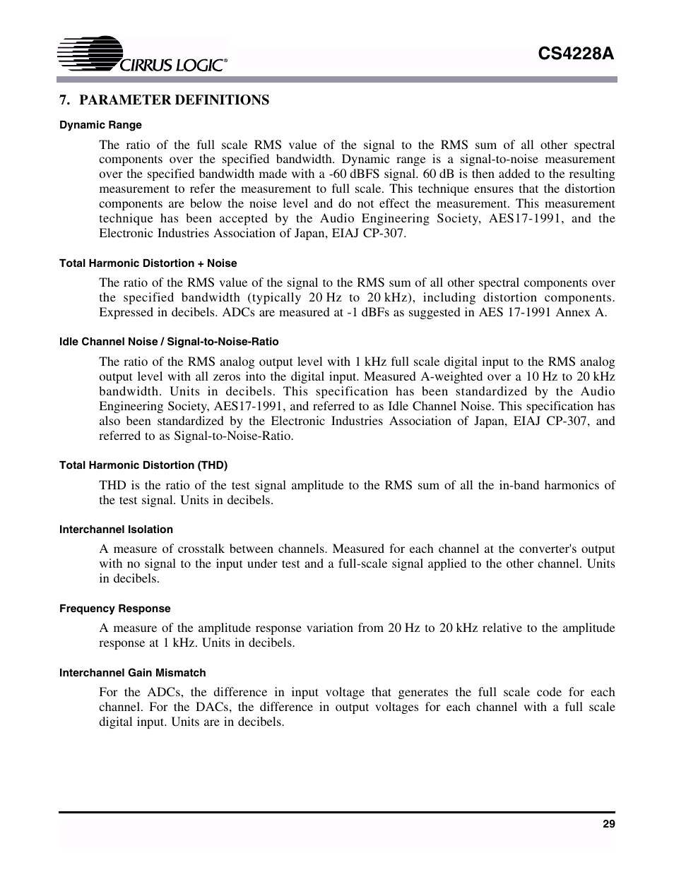 Parameter definitions, Cs4228a | Cirrus Logic CS4228A User Manual | Page 29 / 32