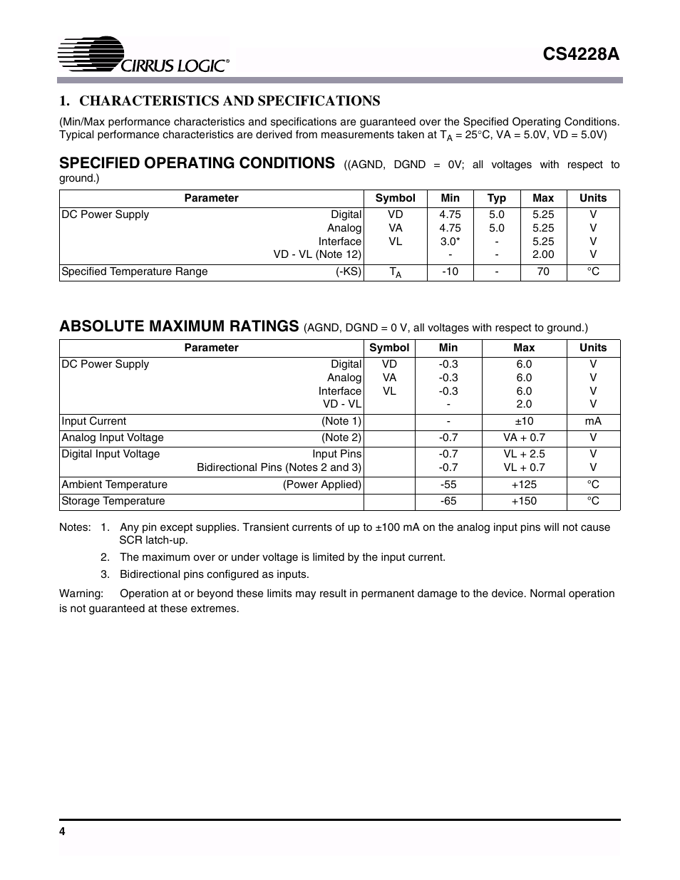 Characteristics and specifications, Specified operating conditions, Absolute maximum ratings | Cs4228a | Cirrus Logic CS4228A User Manual | Page 4 / 32