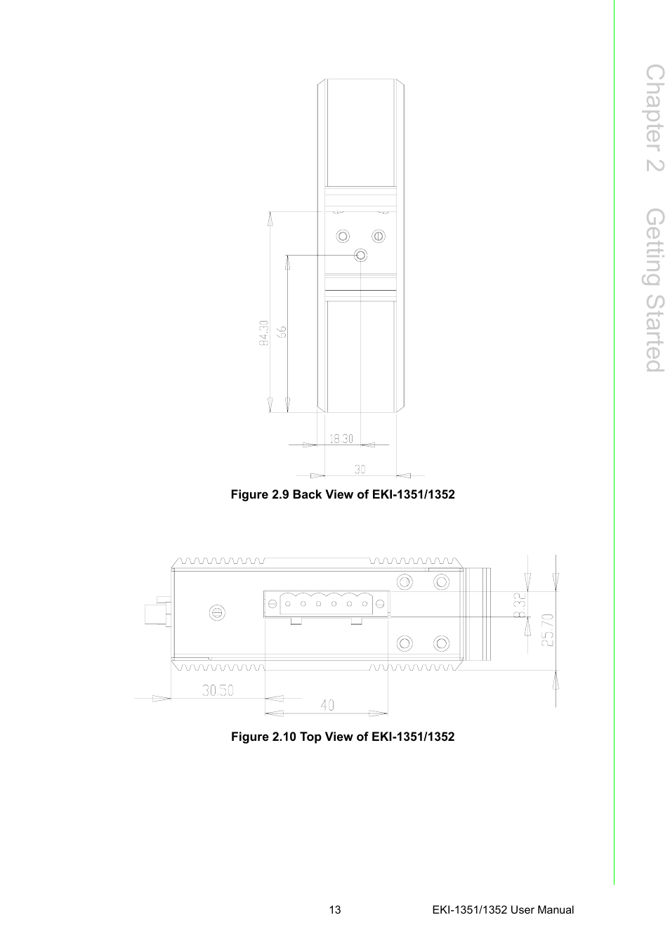 Figure 2.9 back view of eki-1351/1352, Figure 2.10 top view of eki-1351/1352, Chapter 2 g etting started | Advantech EKI-1351 User Manual | Page 19 / 76