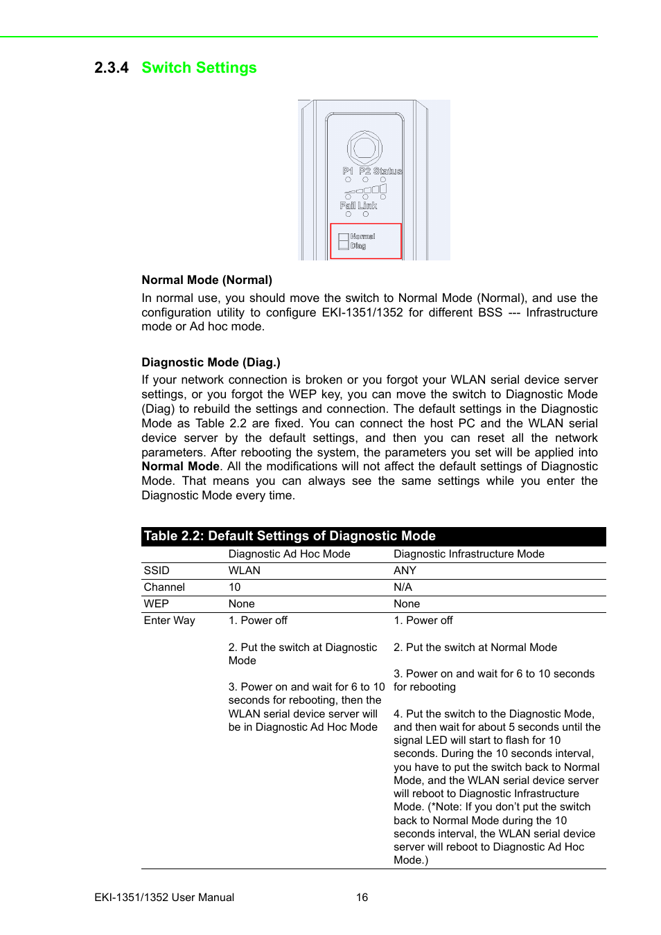 4 switch settings, Table 2.2: default settings of diagnostic mode | Advantech EKI-1351 User Manual | Page 22 / 76