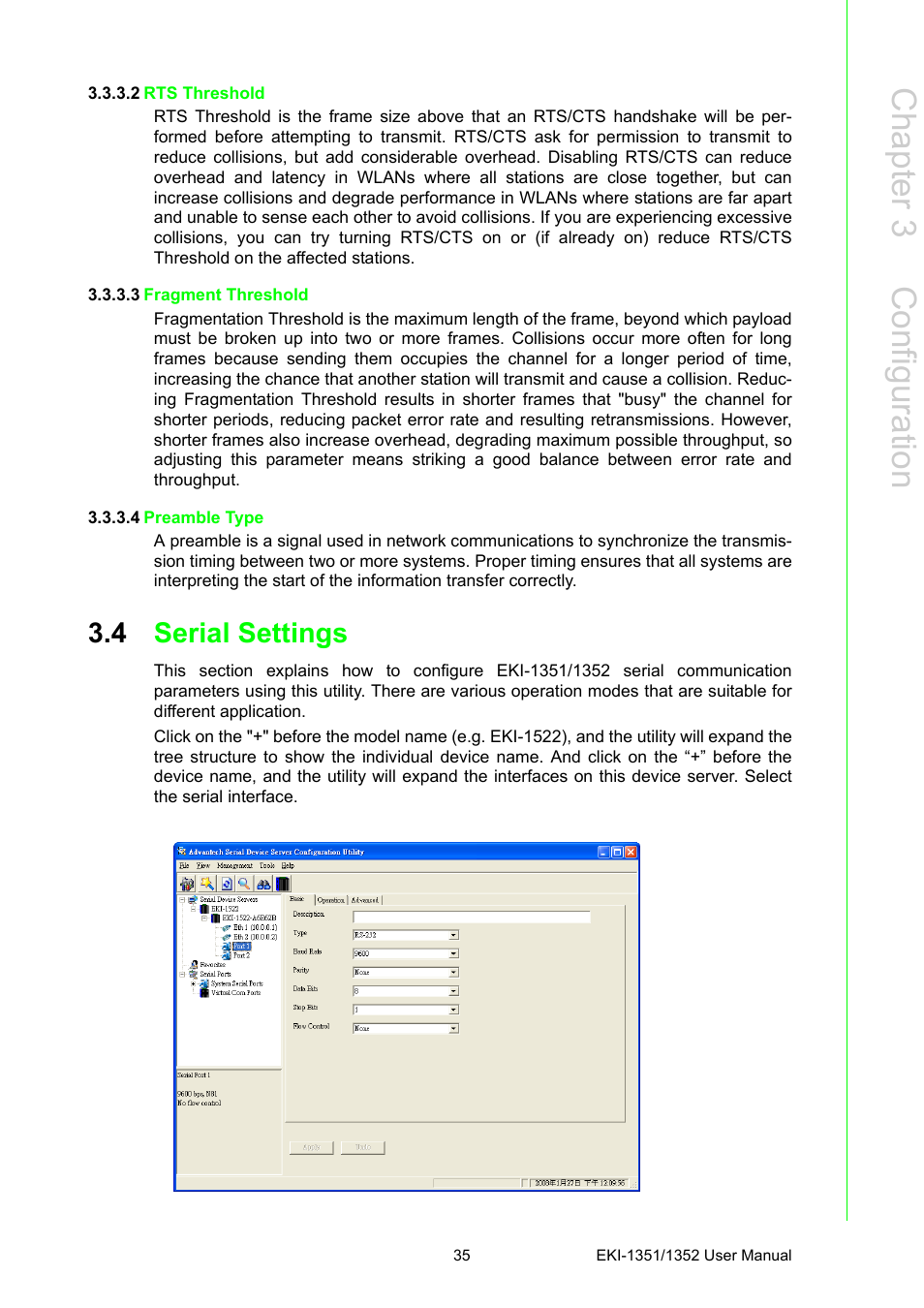 2 rts threshold, 3 fragment threshold, 4 preamble type | 4 serial settings, Serial settings, Chapter 3 c onfiguration | Advantech EKI-1351 User Manual | Page 41 / 76