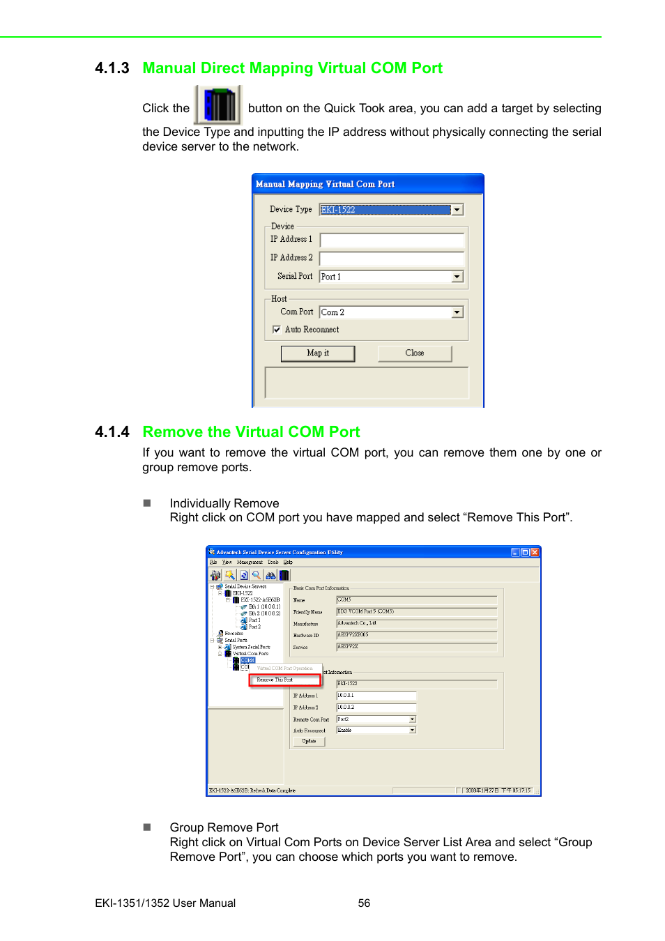 3 manual direct mapping virtual com port, 4 remove the virtual com port, Manual direct mapping virtual com port | Remove the virtual com port | Advantech EKI-1351 User Manual | Page 62 / 76