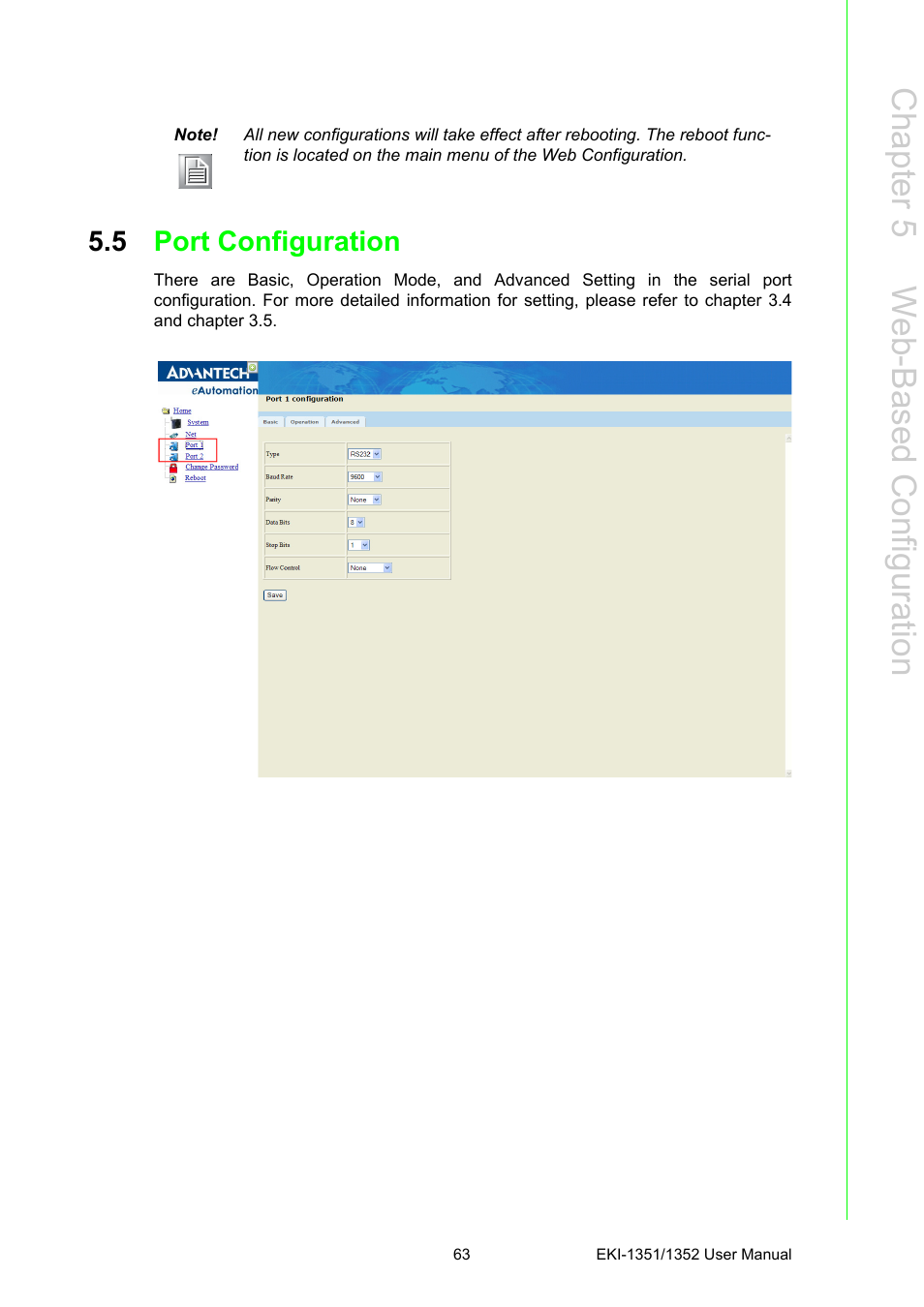 5 port configuration, Port configuration, Chapter 5 w eb-based c onfiguration | Advantech EKI-1351 User Manual | Page 69 / 76