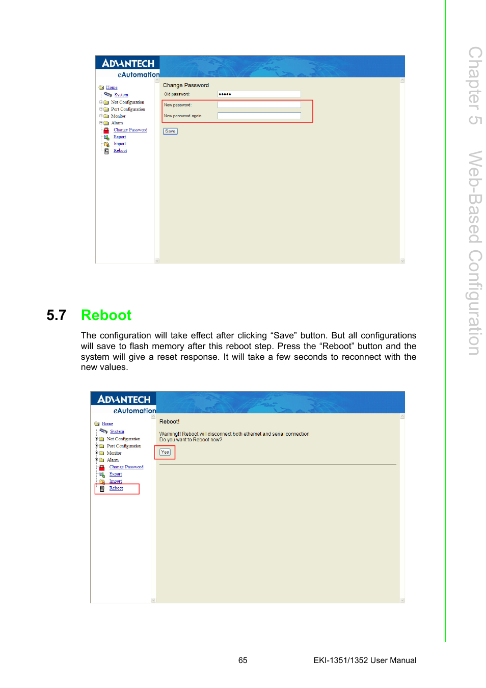 7 reboot, Reboot, Chapter 5 w eb-based c onfiguration | Advantech EKI-1351 User Manual | Page 71 / 76