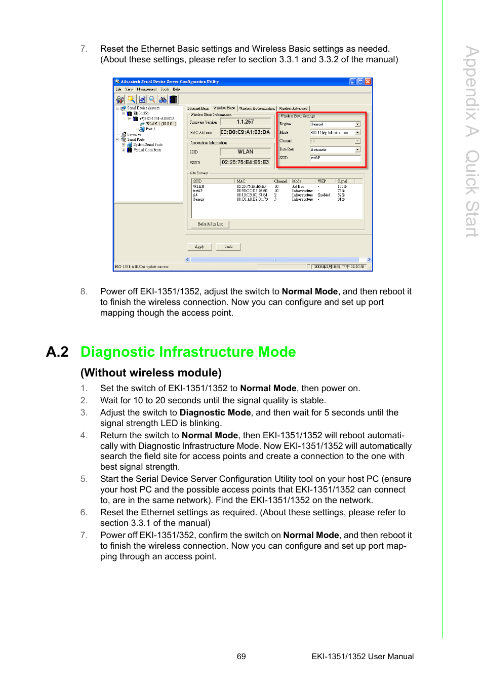 A.2 diagnostic infrastructure mode, Diagnostic infrastructure mode, Appendix a q uick start | Advantech EKI-1351 User Manual | Page 75 / 76