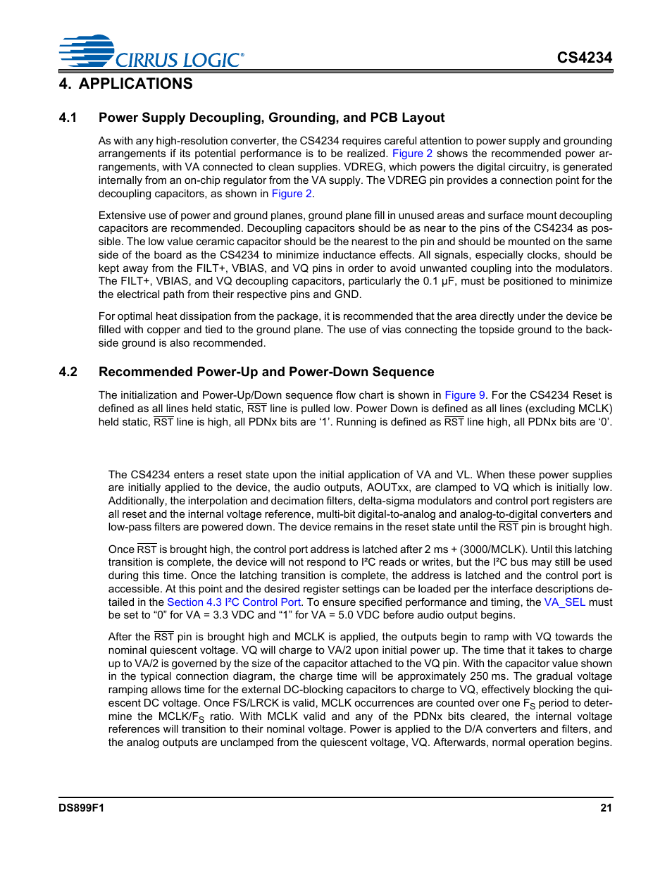 Applications, 2 recommended power-up and power-down sequence, 1 power-up | Section 4.2.1 | Cirrus Logic CS4234 User Manual | Page 21 / 79