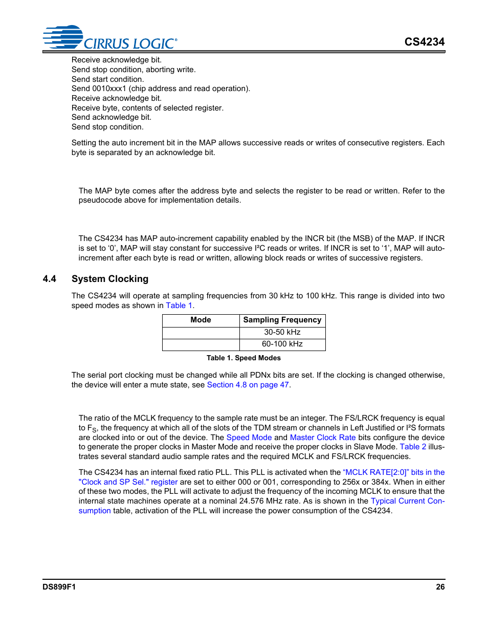 1 memory address pointer (map), 4 system clocking, 1 master clock | Table 1. speed modes, Cs4234 | Cirrus Logic CS4234 User Manual | Page 26 / 79