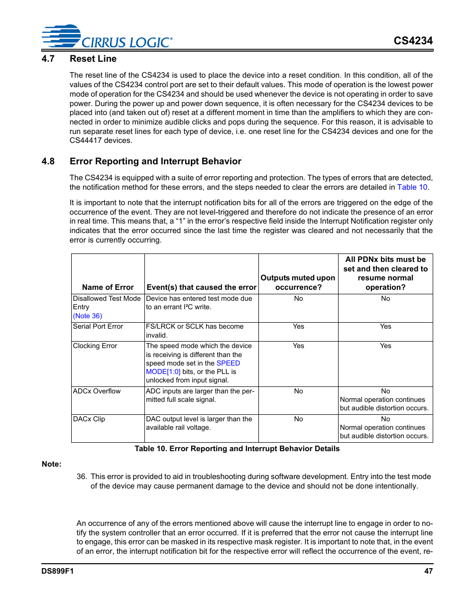 7 reset line, 8 error reporting and interrupt behavior, 1 interrupt masking | Cs4234 | Cirrus Logic CS4234 User Manual | Page 47 / 79