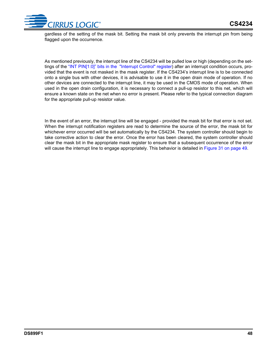 2 interrupt line operation, 3 error reporting and clearing, Cs4234 | Cirrus Logic CS4234 User Manual | Page 48 / 79