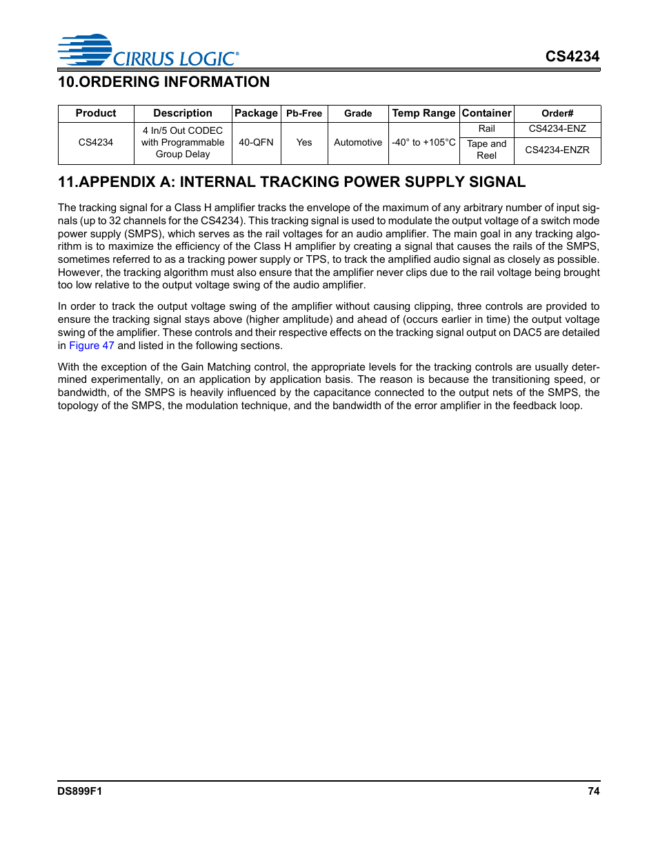 Ordering information, Appendix a: internal tracking power supply signal | Cirrus Logic CS4234 User Manual | Page 74 / 79