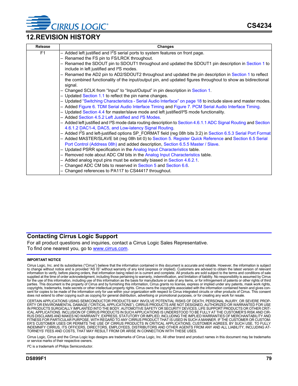 Revision history, Contacting cirrus logic support | Cirrus Logic CS4234 User Manual | Page 79 / 79