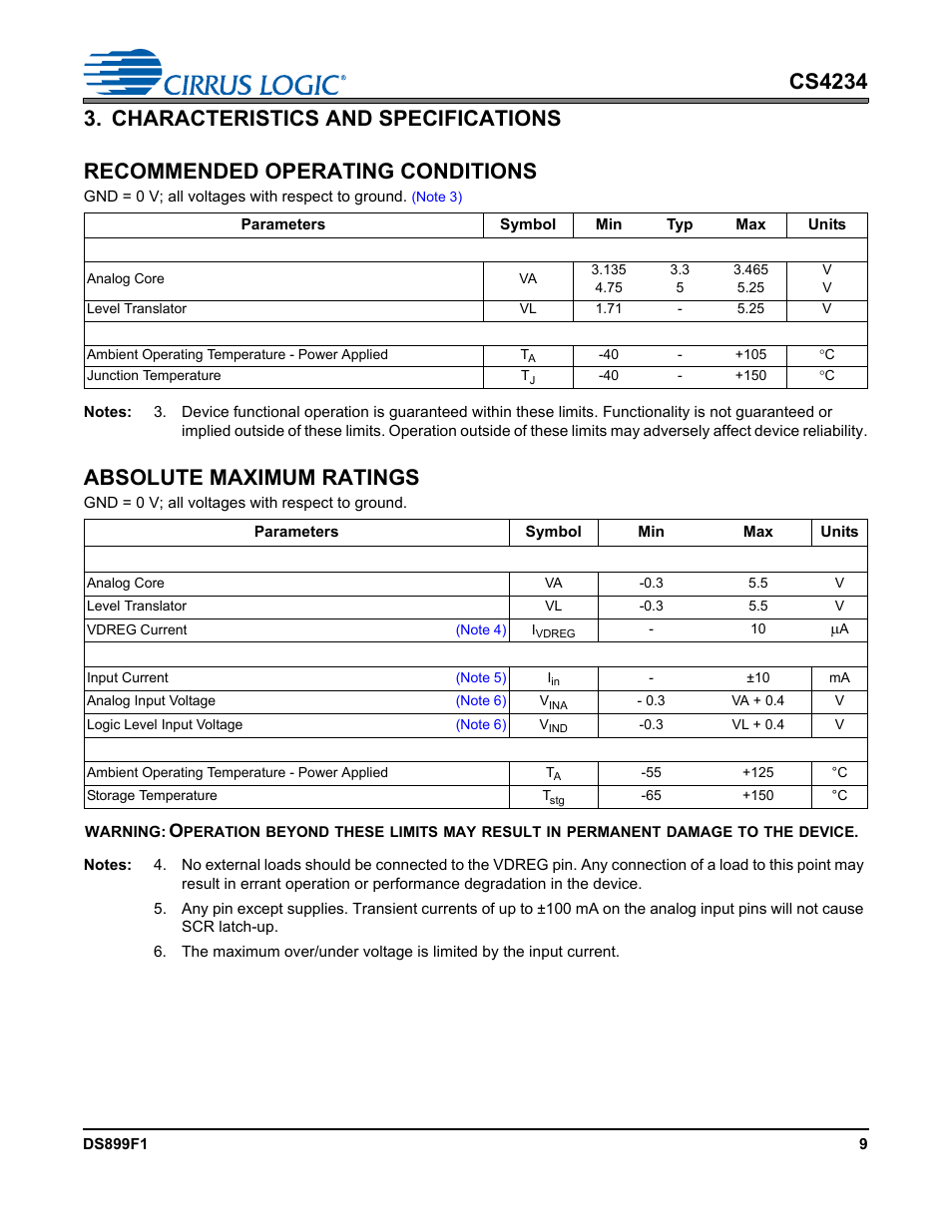 Characteristics and specifications, Absolute maximum ratings | Cirrus Logic CS4234 User Manual | Page 9 / 79