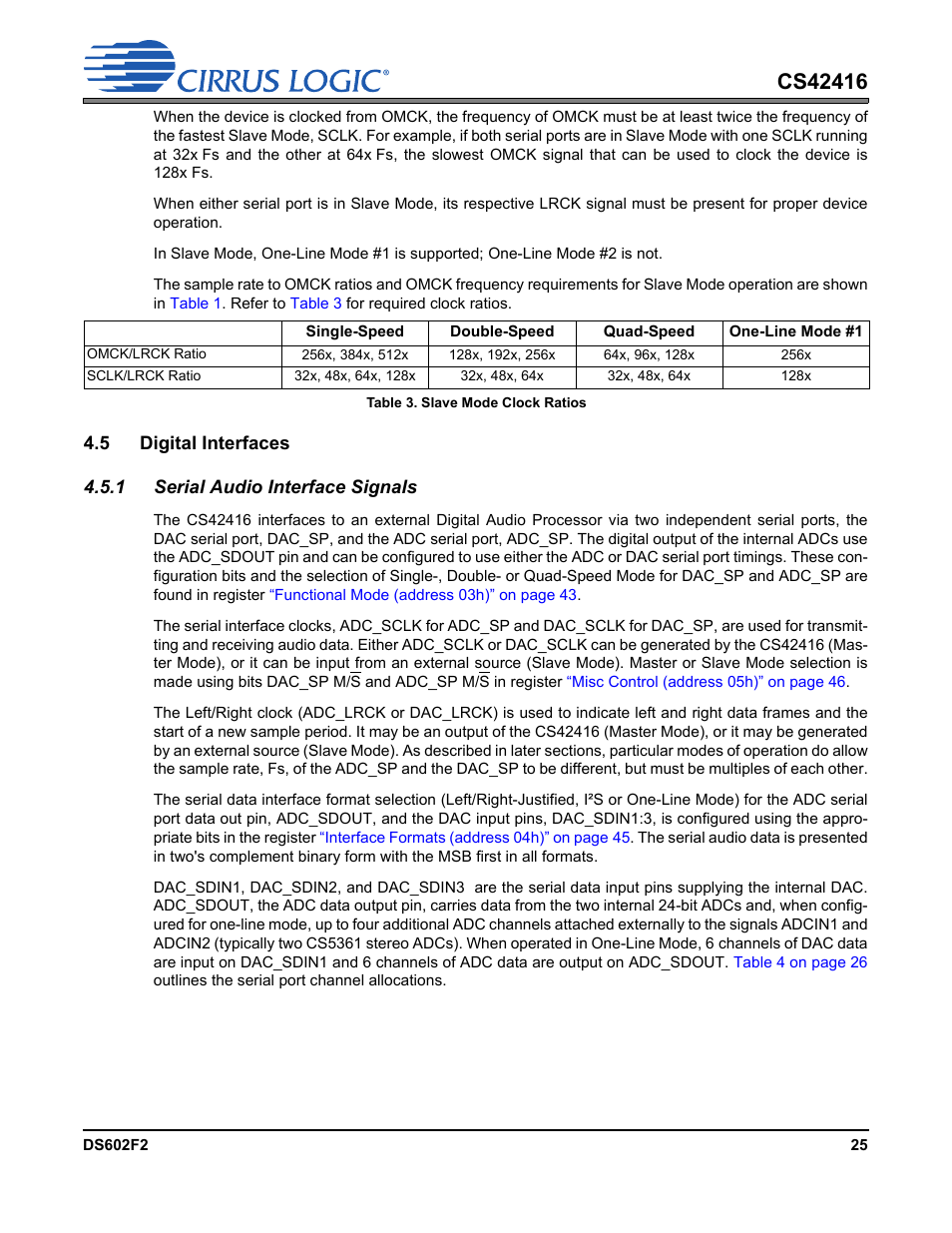 Table 3. slave mode clock ratios, 5 digital interfaces, 1 serial audio interface signals | Cirrus Logic CS42416 User Manual | Page 25 / 72