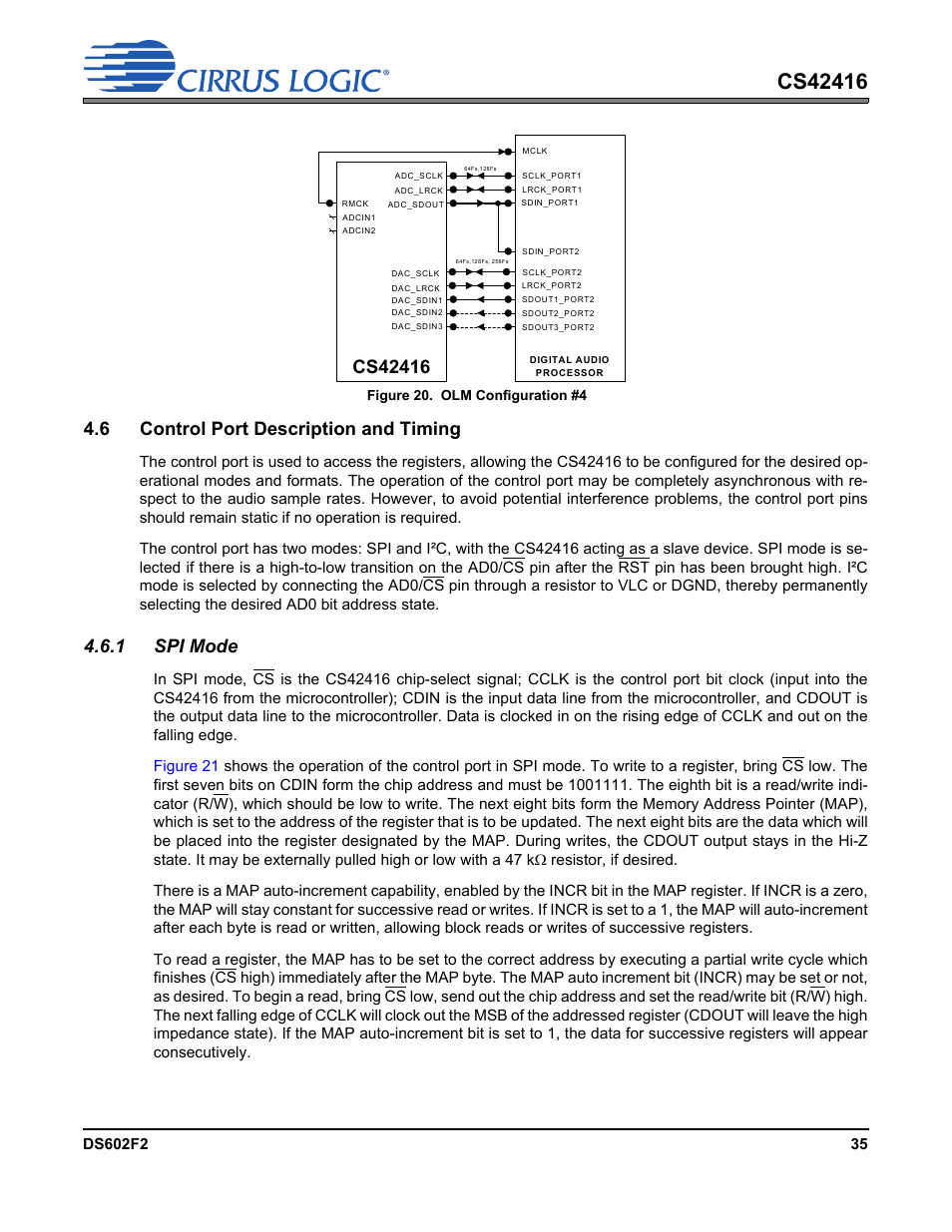 Figure 20. olm configuration #4, 6 control port description and timing, 1 spi mode | Cirrus Logic CS42416 User Manual | Page 35 / 72