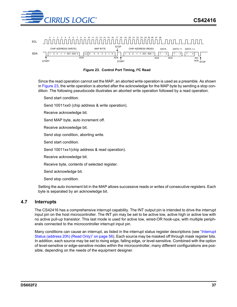 Figure 23. control port timing, i²c read, 7 interrupts, Figure 23 | A st | Cirrus Logic CS42416 User Manual | Page 37 / 72