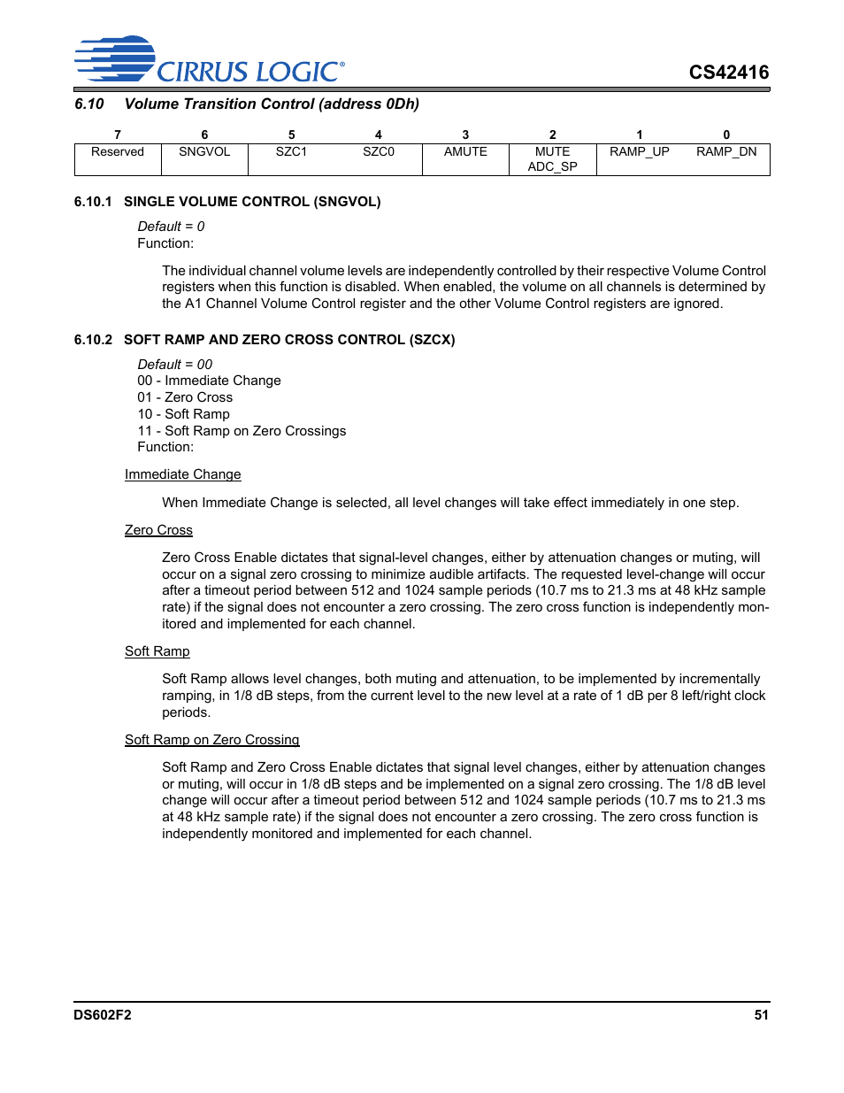 10 volume transition control (address 0dh), Volume transition control | Cirrus Logic CS42416 User Manual | Page 51 / 72