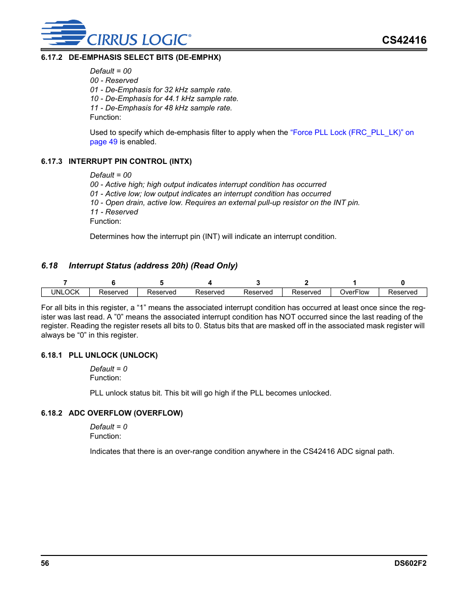 18 interrupt status (address 20h) (read only), Interrupt status (address 20h) (read only)” on, Interrupt | Each s | Cirrus Logic CS42416 User Manual | Page 56 / 72