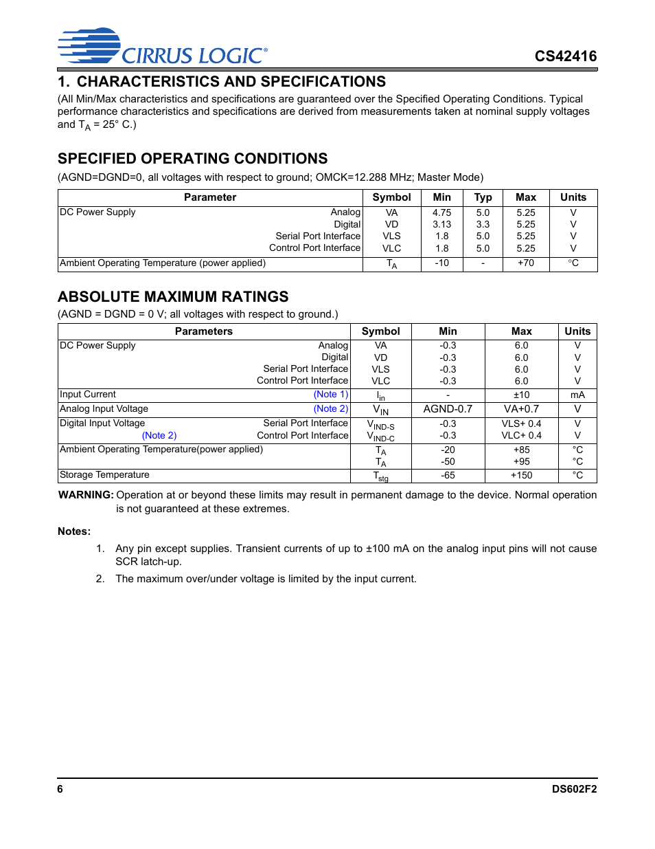 Characteristics and specifications, Specified operating conditions, Absolute maximum ratings | Cirrus Logic CS42416 User Manual | Page 6 / 72