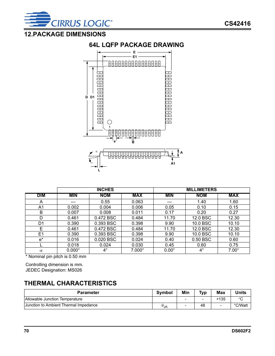 Package dimensions, Thermal characteristics, 64l lqfp package drawing | Cirrus Logic CS42416 User Manual | Page 70 / 72