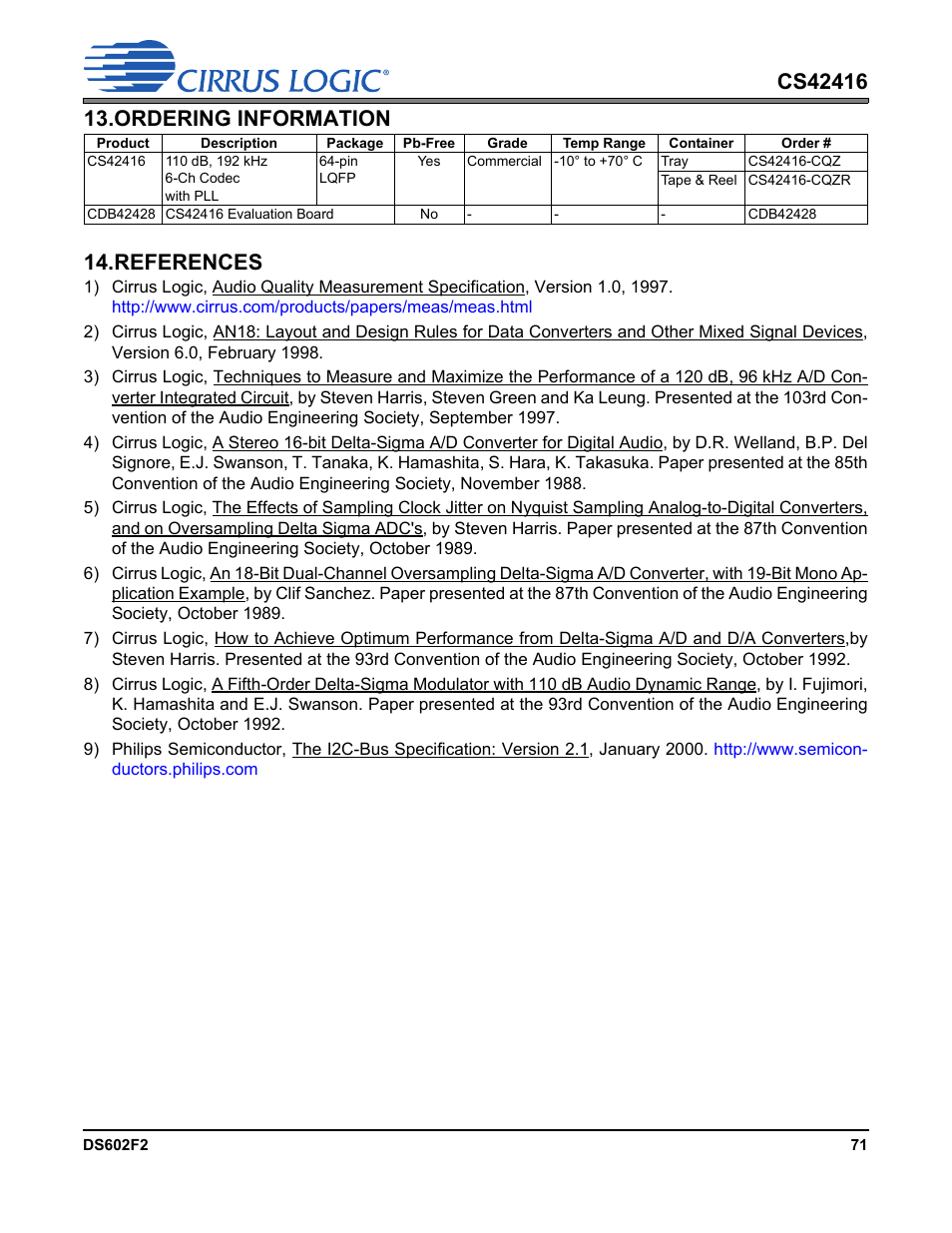 Ordering information, References, Ordering information 14. references | Cirrus Logic CS42416 User Manual | Page 71 / 72