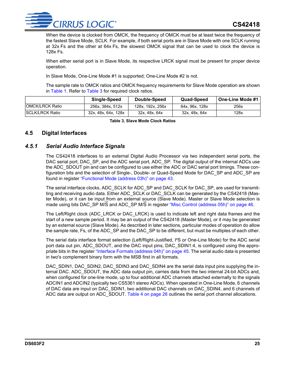 Table 3. slave mode clock ratios, 5 digital interfaces, 1 serial audio interface signals | Cirrus Logic CS42418 User Manual | Page 25 / 72