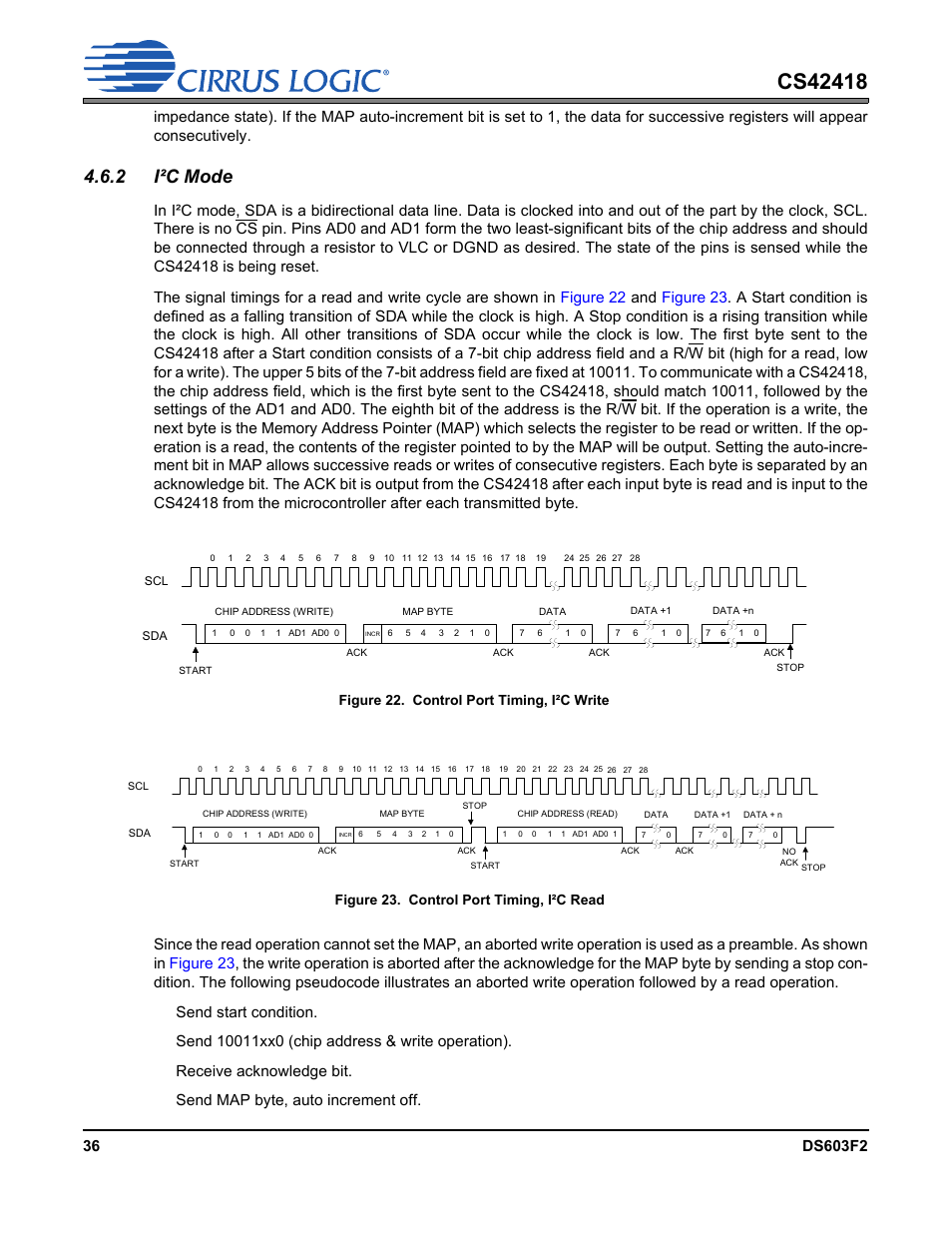 2 i²c mode, Figure 22. control port timing, i²c write, Figure 23. control port timing, i²c read | Cirrus Logic CS42418 User Manual | Page 36 / 72