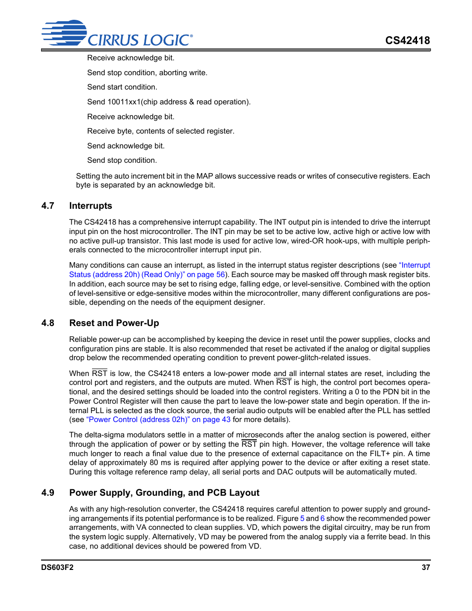 7 interrupts, 8 reset and power-up, 9 power supply, grounding, and pcb layout | Cirrus Logic CS42418 User Manual | Page 37 / 72