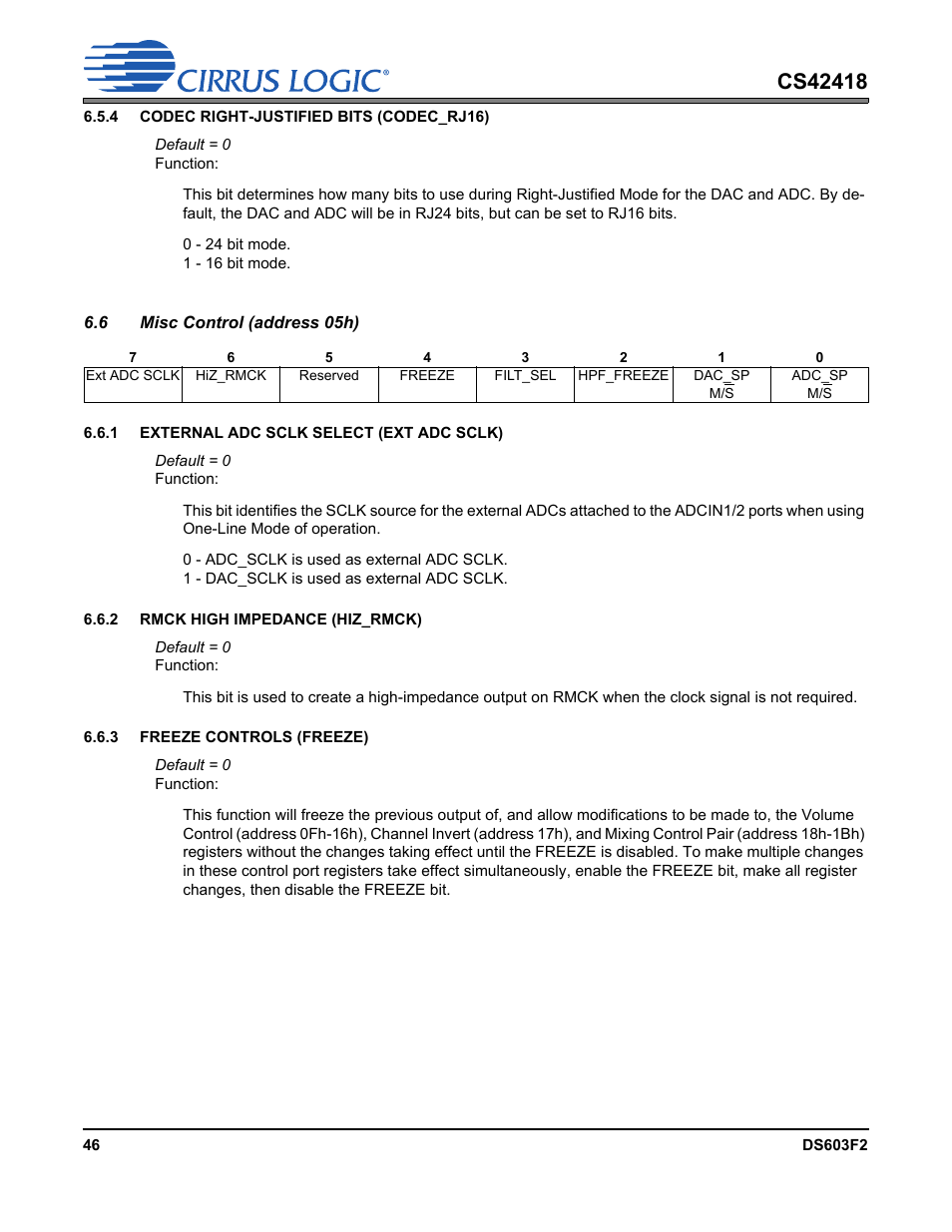 6 misc control (address 05h), Misc control (address, Misc control (address 05h) | Selects | Cirrus Logic CS42418 User Manual | Page 46 / 72